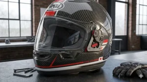 Alt text for image 9: A rider navigating a city street while wearing an Arai carbon helmet, blending style with advanced safety technology.