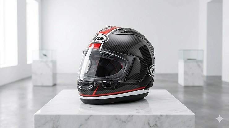 Alt text for image 2: Close-up of the multi-layered carbon fibre shell construction demonstrating Arai’s superior impact protection. Arai carbon helmet