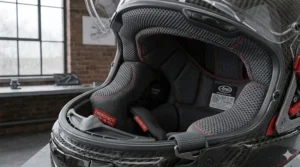 Alt text for image 5: The moisture-wicking and fully removable interior liner of the Arai carbon helmet, designed for rider comfort.