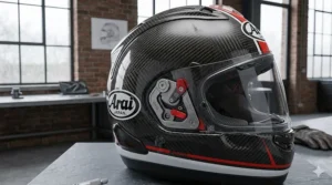 Alt text for image 4: The VAS visor locking mechanism on an Arai carbon helmet, ensuring a secure seal and clear visibility on the road.