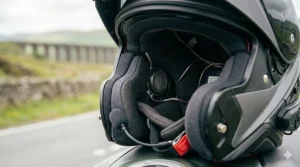 Internal padding and ventilation system of an ergonomic modular intercom helmet for touring comfort.