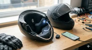A workshop view showing the modular components and smartphone connectivity of a motorcycle helmet navigation system kit.