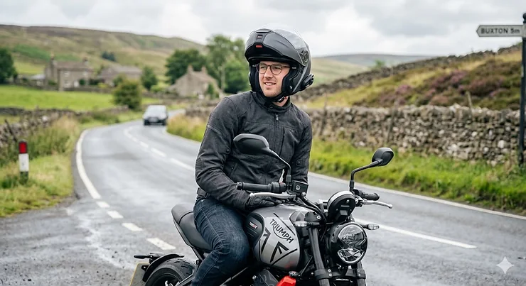 A rider wearing a modern motorbike helmet with integrated Bluetooth, designed for a comfortable fit with glasses, on a rural British road. bluetooth motorcycle helmet for glasses wearers