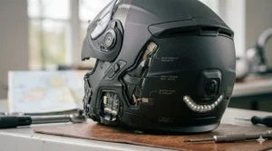 Ergonomic, moisture-wicking interior padding of a high-tech smart helmet.