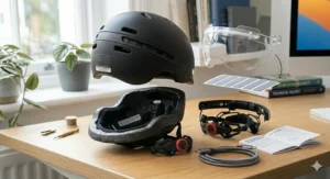 Alt text for image 9: An exploded view of a budget LED helmet showing detachable visors and optional reflective gear attachments.