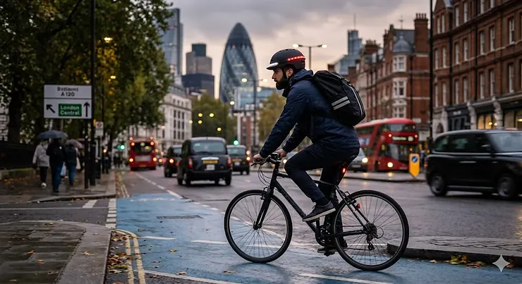 Alt text for image 1: A cyclist wearing a budget LED helmet with bright safety lights on a UK city road at dusk. budget LED helmet