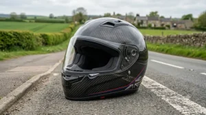 A modern carbon composite helmet with Union Flag detail resting on the asphalt of a rural British A-road. carbon composite helmet