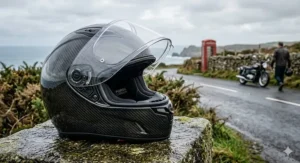 Side profile of a lightweight carbon fibre motorcycle helmet.