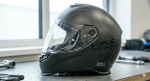 Full-face carbon fibre helmet fitted with a tinted sun visor.