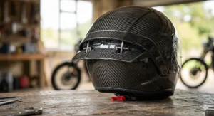 Rear view of a full carbon motorcycle helmet featuring an integrated aerodynamic spoiler.