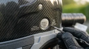 A macro photograph focusing on the helmet safety certification labels including the UKCA and ECE 22.