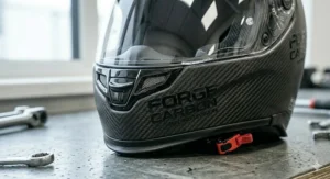 Detailed view of the gloss carbon fibre weave pattern on helmet shell.