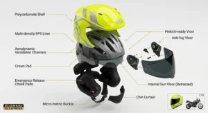 An exploded isometric diagram illustrating the internal safety components and layers of the high-visibility motorcycle helmet, including EPS liner, ventilation, and the ACU Gold Approved sticker.