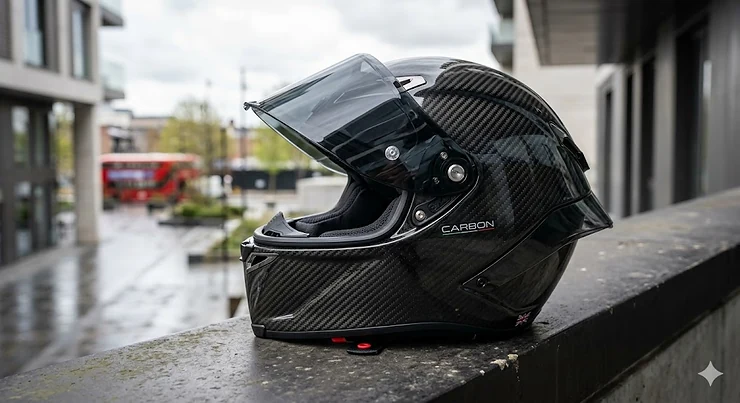 Sleek full carbon helmet showing exposed fibre weave and aerodynamic shell design. full carbon helmet