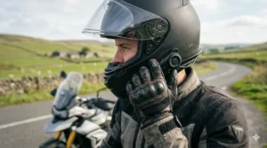 A close-up shot of a gloved hand interacting with the intuitive, side-mounted volume control dial on a motorcycle helmet, highlighting ease of use whilst riding.