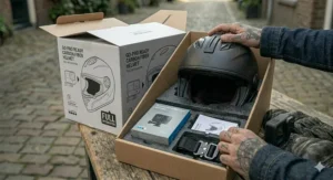 Unboxing a new GoPro ready motorcycle helmet with included mounting accessories.