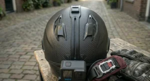 Rear view of a ventilated GoPro ready motorcycle helmet showing the camera mounting base.