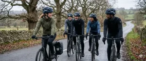 Scene showing a group of cyclists connected via the helmet's mesh intercom system.