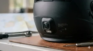 Motorcyclist using voice commands to control music and calls while riding.