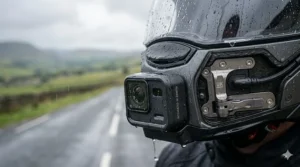 Close-up view of the waterproof casing protecting an integrated helmet camera in British rain.