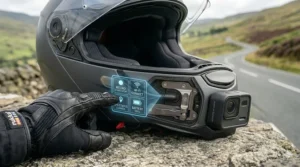 A diagram highlighting the easy-to-use button interface of an integrated helmet camera.