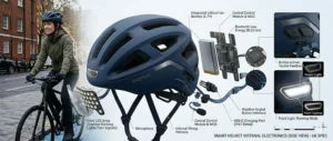 Exploded view diagram showing internal smart helmet components including battery and control module.