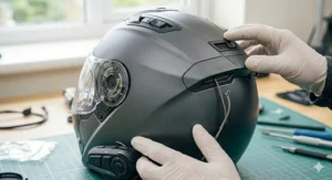 Rear view of the motorbike helmet showing the adjustable ventilation system designed to prevent glasses from fogging.