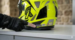 A focused close-up of the rear of the high-visibility helmet showing the ACU Gold Approved and ECE R22.06 safety certification stickers relevant for UK road use.