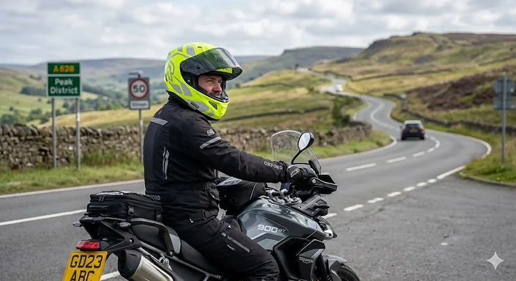 A motorcyclist wearing the fluorescent yellow and black geometric high-visibility motorcycle helmet while riding a Triumph Tiger 900 GT in the Peak District, featuring a British 50mph road sign and landscape. high visibility motorcycle helmet