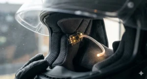 A close-up view showing the internal electronics and fibre-optic light path of a motorcycle helmet navigation system.