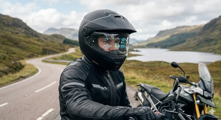 Motorcyclist using a HUD helmet with navigation data on a UK road. HUD helmet for motorcycles