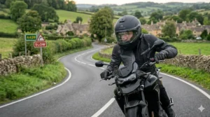 A motorcyclist in a HUD motorcycle helmet riding past a traditional stone milestone on a winding country road in the Cotswolds.