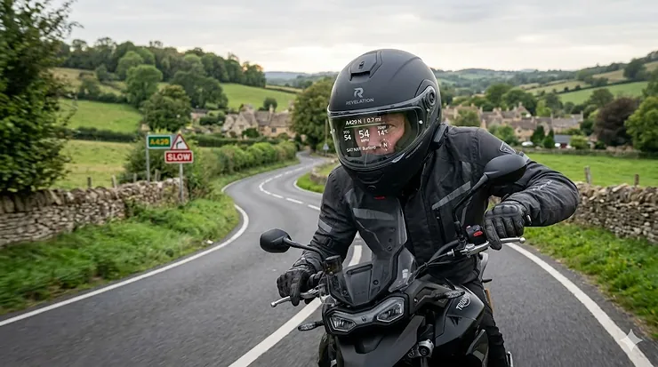 A rider wearing a sleek HUD motorcycle helmet while navigating a scenic British country road on a Triumph motorcycle. HUD motorcycle helmet