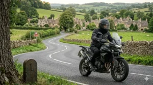 A close-up view of a rider's gloved hands on the handlebars, with the HUD motorcycle helmet visible, navigating a rural bend.