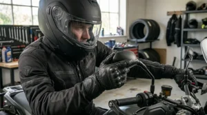 The rider’s view through a HUD motorcycle helmet visor, displaying satellite navigation directions overlaying a rural route.
