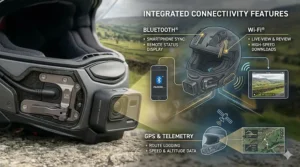 An illustration showing smartphone connectivity features for an integrated helmet camera.