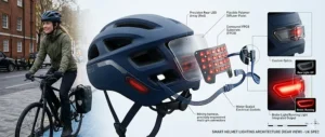 Detailed technical diagram of the smart helmet's integrated rear LED brake light assembly.