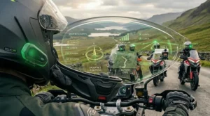First-person perspective inside a mesh intercom motorcycle helmet displaying real-time GPS routing and rider connectivity.