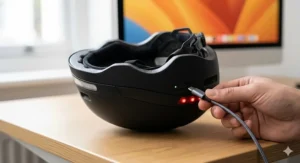 Alt text for image 2: Close-up of the USB charging port on a budget LED helmet, highlighting easy recharging for daily commuters.