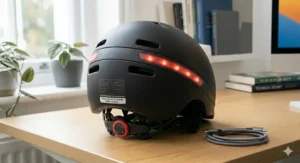 Alt text for image 7: Close-up of a safety certification label on the interior of a budget LED helmet, confirming UK compliance.
