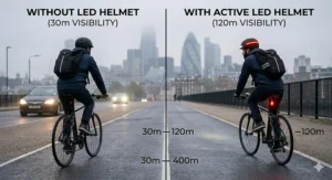 Alt text for image 5: Comparison graphic showing increased visibility distance of a cyclist using a budget LED helmet versus standard gear.