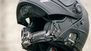 Integrated rear LED brake lights on a smart helmet for increased road visibility.