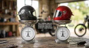 Comparison graphic showing the reduced weight of a full carbon helmet versus standard composites.