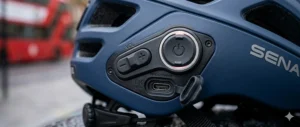 Close-up macro photograph of the weather-sealed power button and charging port on the helmet.