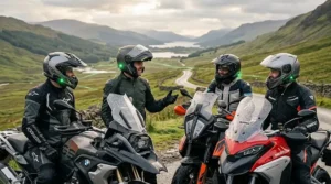 A group of motorcyclists using mesh intercom technology to stay connected during a ride through the British countryside.