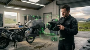 A rider in a workshop inspecting the modular composite shell and internal electronics of a mesh intercom helmet.