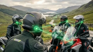 A technical visualisation showing the mesh intercom connectivity network between multiple motorcyclists on a rural road.