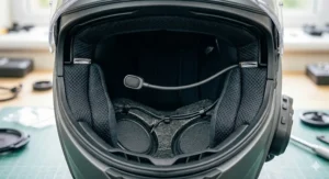 Interior view of the helmet showing the boom microphone placement for clear communication while riding.