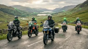 A group of motorcyclists riding on a winding British road with a digital overlay showing stable mesh network links.