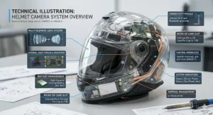 A diagram illustrating the wide-angle field of view provided by a motorcycle helmet with a built-in camera.